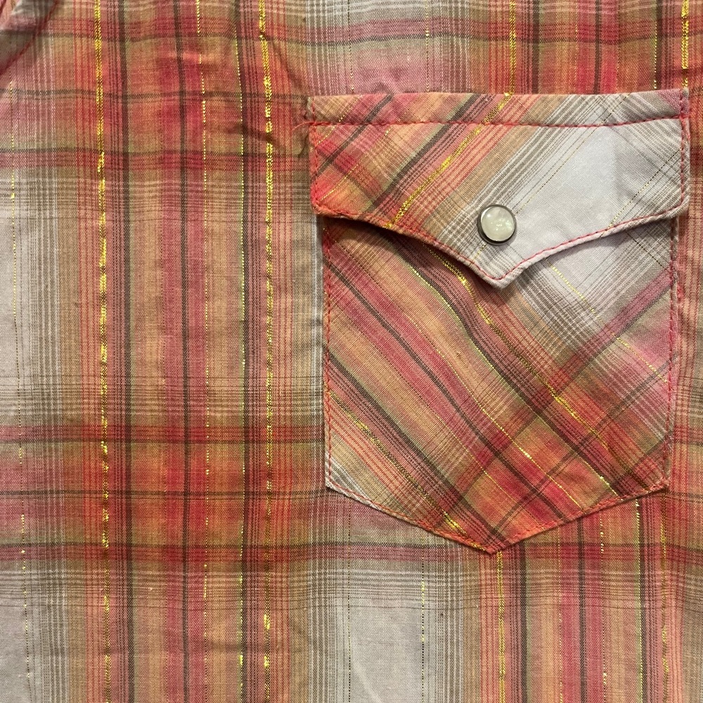 Vintage Y2K style Wrangler Pink metallic plaid lace accented sleeveless Shirt. - Picture 4 of 7